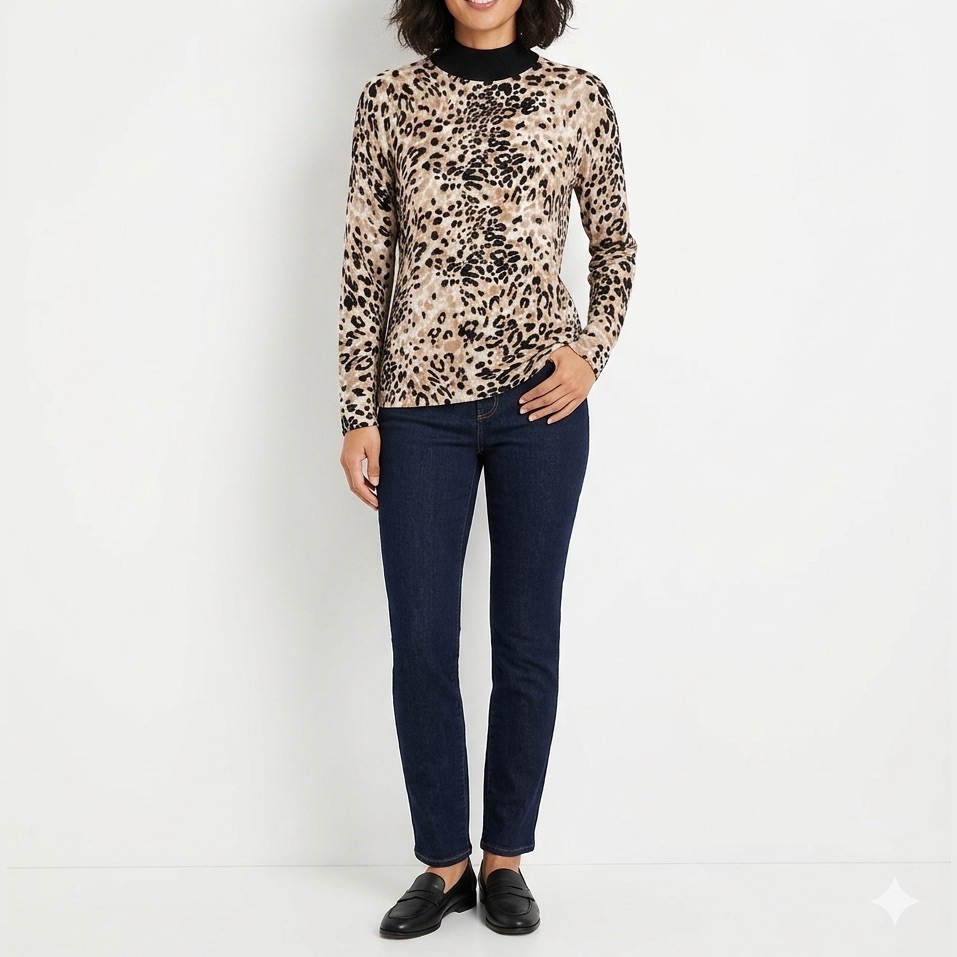 Chico's Beige And Black Leopard-Print Long Sleeve Top
